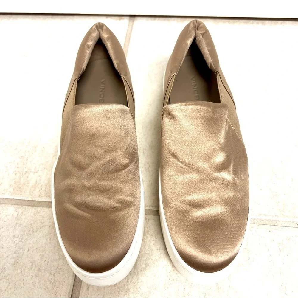 VINCE Warren Platform Sneakers Tan satin women’s size 8M preppy comfy
